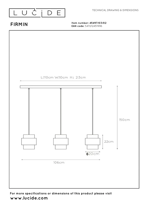 Lucide FIRMIN - Hanglamp - 3xE27 - Mat Goud / Messing - technisch